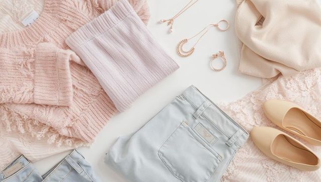 Pastel spring outfit flatlay featuring chunky knit sweater, light denim, rose gold jewelry