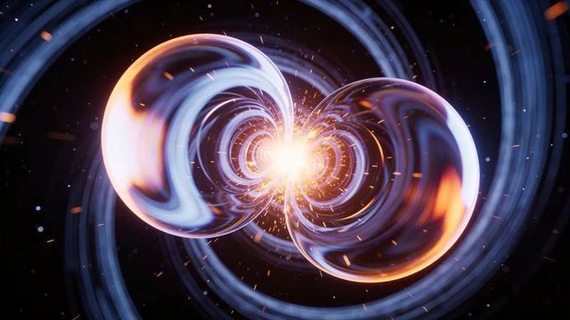 Glassy Orb Collision Emitting Neon Burst and Spiral Rings Conveying Cosmic Energy and Sparks