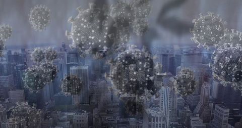 Giant Virus Particles Over Modern Cityscape