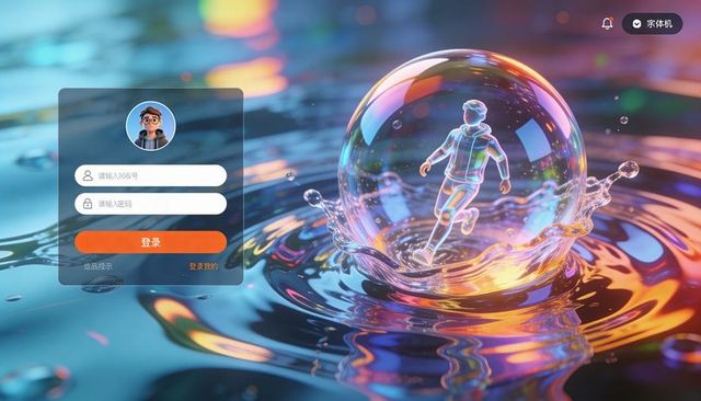Neon bubble enclosing running avatar splashing on reflective liquid next to holographic login ui
