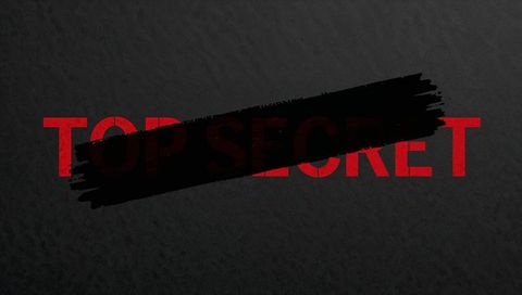 Top secret wordmark being redacted by black brushstroke on dark textured background