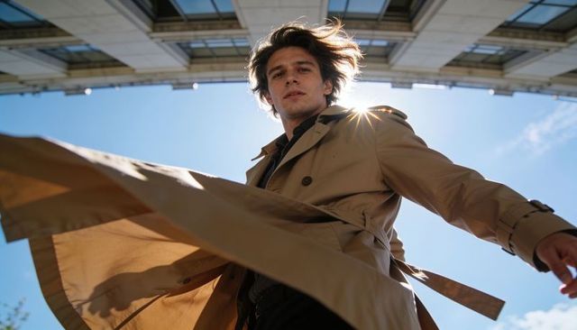 Windswept man in beige trench coat turning under urban skylights, low angle, backlit