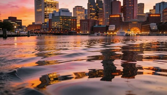 Vertical sunset harbor reflections with rippling water and animated dock icons for tourism