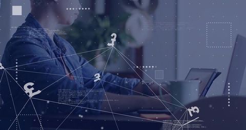Woman typing on laptop with digital network overlay for remote work and data visualization