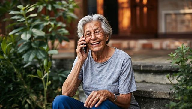 Senior woman sitting on front steps smiling while talking on smartphone on porch