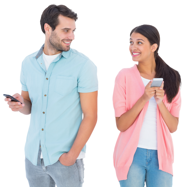 Happy Couple Engaging on Transparent Background with Smartphones - Download Free Stock Videos Pikwizard.com