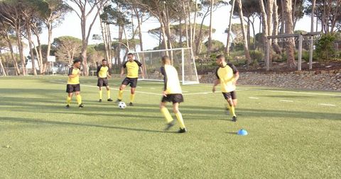 Youth Soccer Team Practicing Passing Skills on Sunny Field