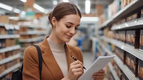 Young shopper comparing grocery products while writing shopping list in supermarket aisle — stock vi