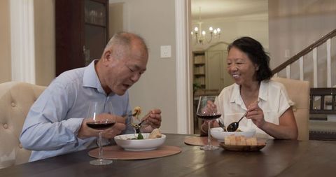 Senior Couple Enjoying Dinner Together Sharing Lively Conversation
