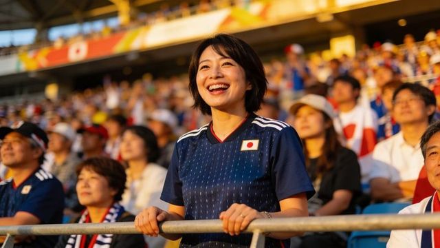 Smiling asian woman cheering in stadium wearing japan soccer jersey at golden hour