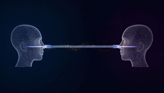 Connecting wireframe heads with glowing data bridge representing ai communication and neural link