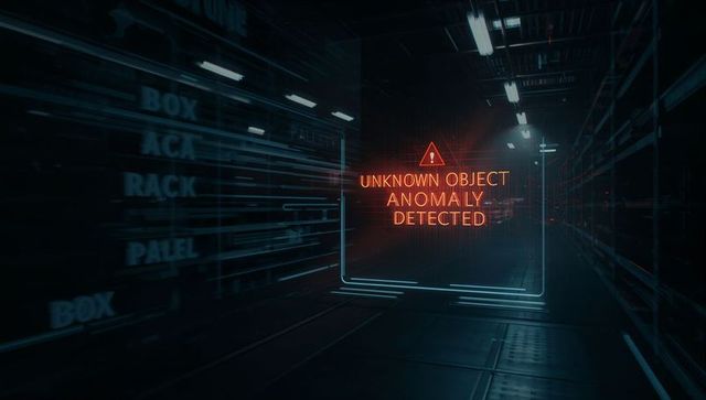 Holographic anomaly warning in dark warehouse corridor with neon hud and futuristic glitch