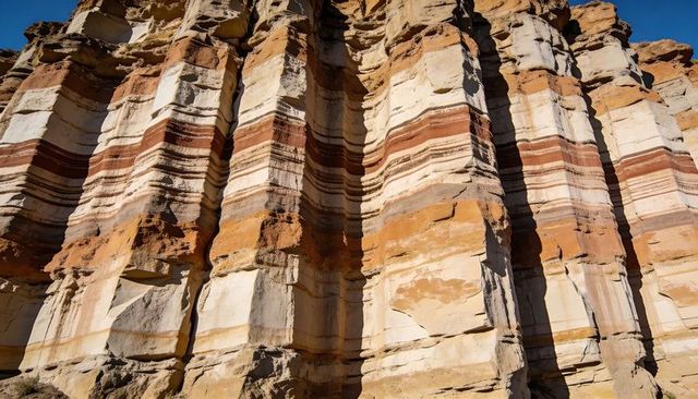 Sunlit layered sandstone cliffs revealing white, tan and rust strata in desert canyon