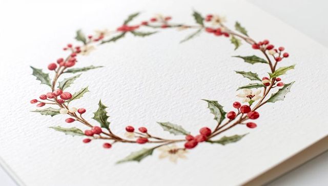 Watercolor holly wreath featuring red berries on textured paper for holiday cards