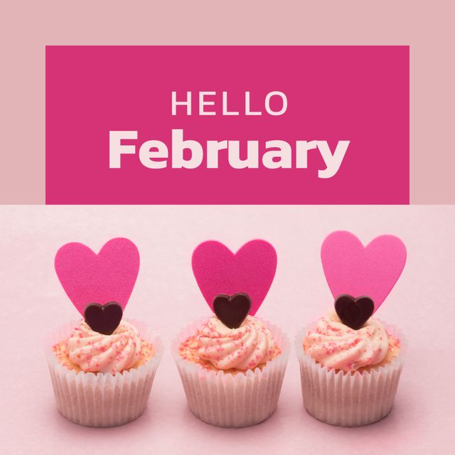Bright and joyful February greeting with cupcakes topped with pink hearts perfect for celebrating the month of love. Ideal for Valentine's Day cards, social media posts, banners, and marketing materials encouraging festivities and enjoyment of sweet treats in a romantic setting.