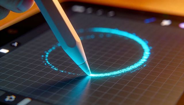 Stylus Drawing Glowing Cyan Ring on Tablet Grid Canvas Digital Art Interface Neon UI
