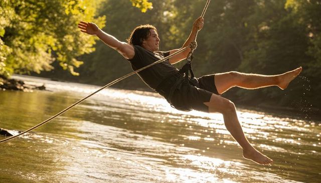 Young man swinging on rope over sunlit river for summer outdoor adventure