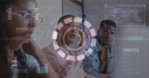 Team collaborating with augmented reality hud and data visualization dashboard in office