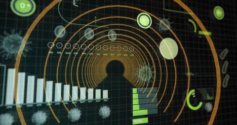 Futuristic data dashboard with monthly analytics and virus icons