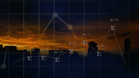 Data Analysis Animation Over City Skyline at Sunset