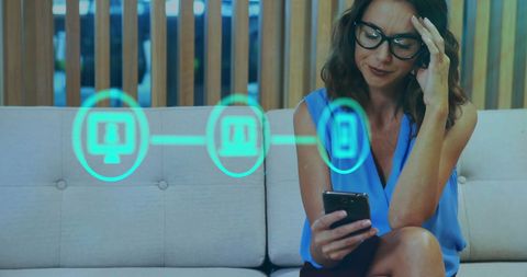 Connected World: Woman Using Smartphone and Digital Interface