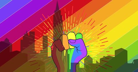 Diverse Fists Uniting Over Vibrant Cityscape with Rainbow Colors