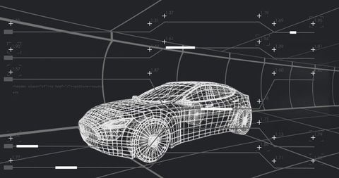 Wireframe sedan model in 3D tunnel perspective with HUD markers and schematic overlay