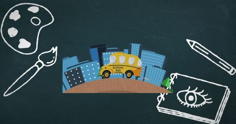 Creative school bus with art icons on abstract background