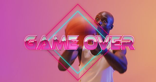 Image of game over text over neon pattern and african american basketball player. Sports, competition, image game and communication concept digitally generated image.