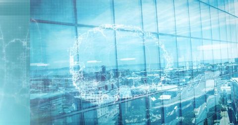 Digital Brain Hologram over Futuristic Cityscape