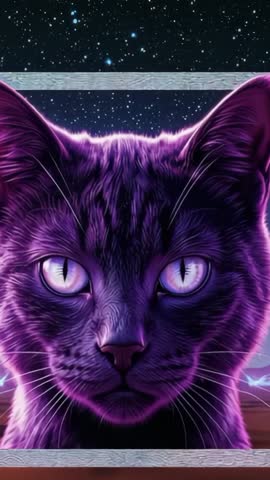 Looping Neon-Purple Cat Head Pulsing Glow Against Starry Sky with Beam Frame - Vertical Video