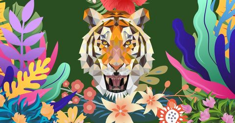 Geometric Tiger Surrounded by Colorful Botanical Elements on Green