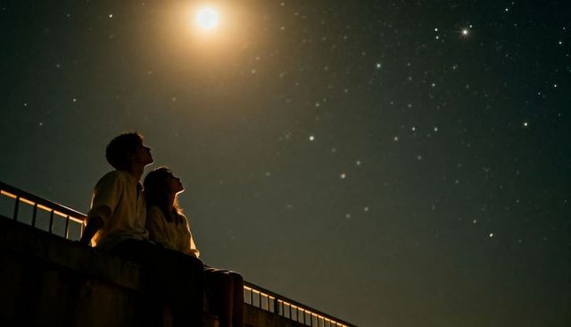 Rooftop romance: couple stargazing under moonlight on ledge with starry night sky
