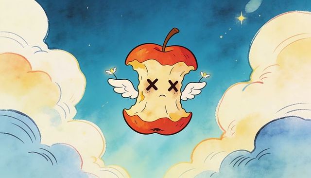 Floating apple core with wings and butterflies drifting through dreamy pastel sky