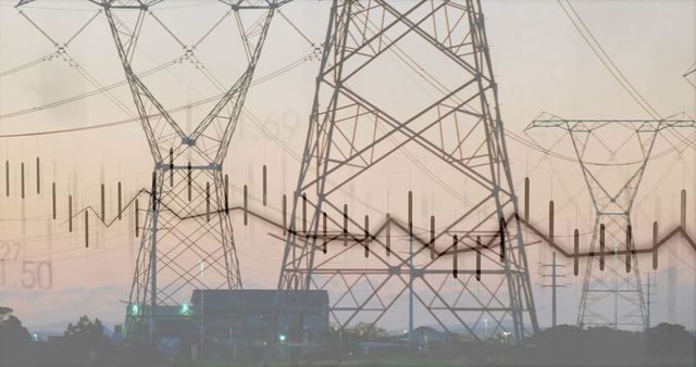 Lattice power towers with financial chart overlay at dusk