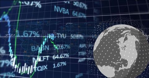 Global market hud showing 3d dotted globe, candlestick chart, tickers and analytics