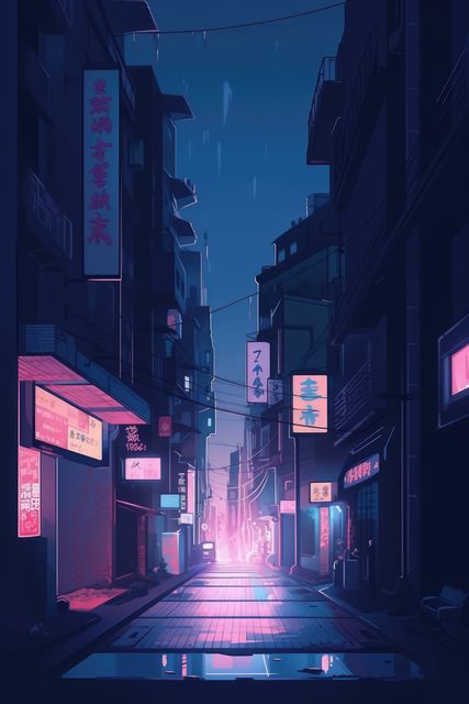 Neon-lit alley in the rain at night conveys a moody, futuristic urban atmosphere. Ideal for use in cyberpunk-themed projects, city nightlife design elements, dark and mysterious concepts, or storytelling in graphic novels and video games.
