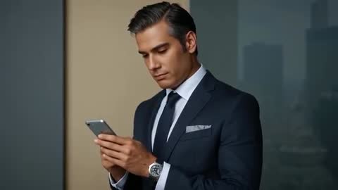 Focused Businessman in Suit Using Smartphone in Office