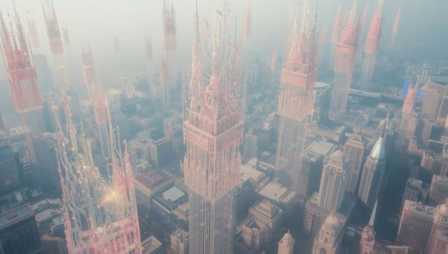 Futuristic Pastel Skyline with Luminescent Spires Floating Above Cityscape