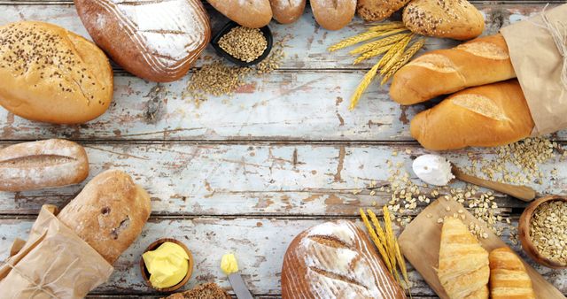 Various types of freshly baked breads arranged on rustic wooden table. Ideal for bakery promotions, healthy food blogs, breakfast menus, artisanal bakery advertisements, rustic themed kitchens, and food-related websites showcasing variety and freshness.