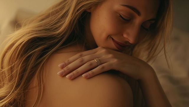 Smiling blonde woman resting hand on shoulder with gold ring, intimate warm bedroom glow