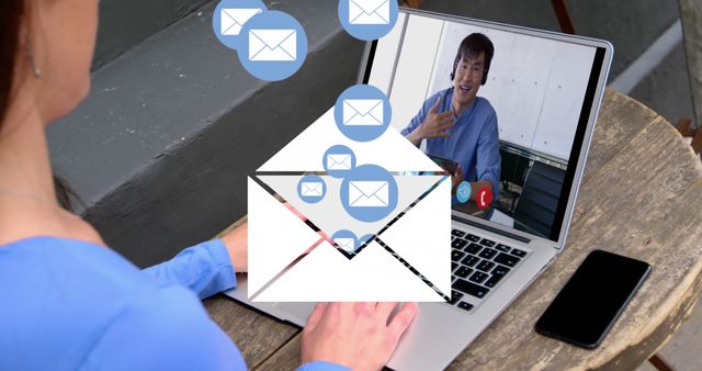 Image of envelope mail icons over woman using laptop on image call. Digital interface global connection and communication concept digitally generated image.