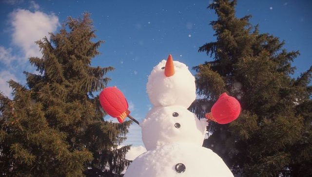 Cheerful Snowman in Winter Landscape with Mittens and Carrot Nose