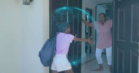 Granddaughter running through glowing turquoise portal into grandmother's arms at doorway