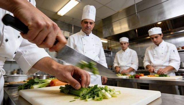 Professional chefs chopping scallions and training in busy commercial kitchen