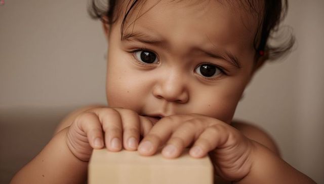 Toddler leaning on wooden block gazing curiously closeup warm beige infant portrait