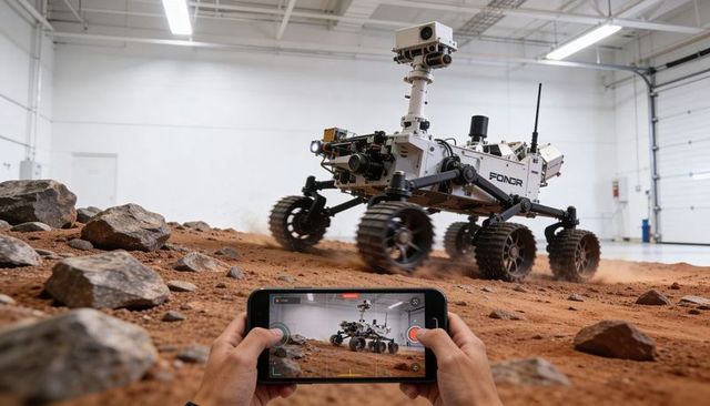 Six-Wheel Mars Rover Navigating Red Dust Rocky Lab Floor Controlled via Smartphone