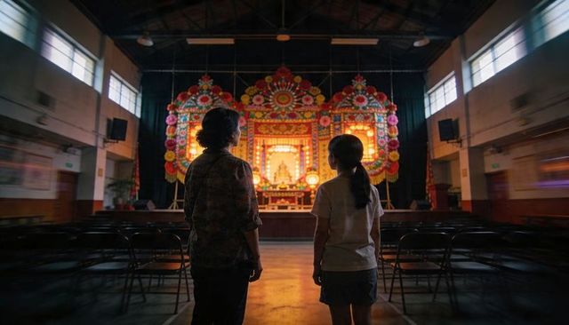Standing adult and child facing ornate floral altar on hall stage, solemn ceremony