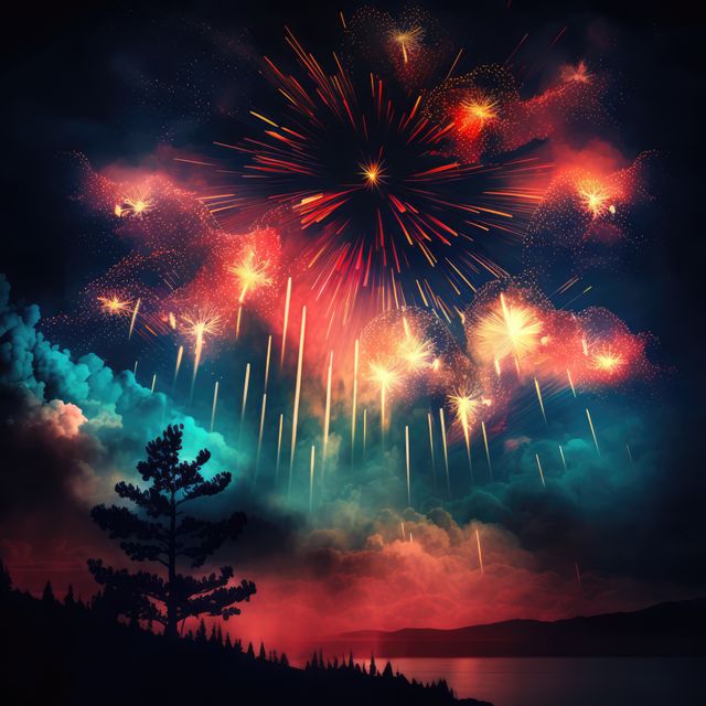 Multi coloured fireworks exploding over landscape, created using generative ai technology. New year's eve and celebration concept digitally generated image.