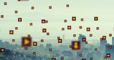 Digital Tech Icons Overlaying Urban Landscape Illustrating Connectivity